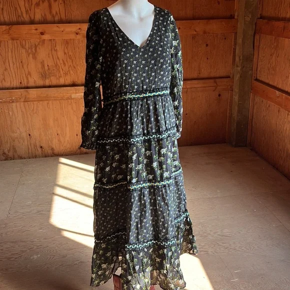 Anthropologie Karoline Tiered Maxi Boho Dress Floral Black Womens 10 - Picture 2 of 8